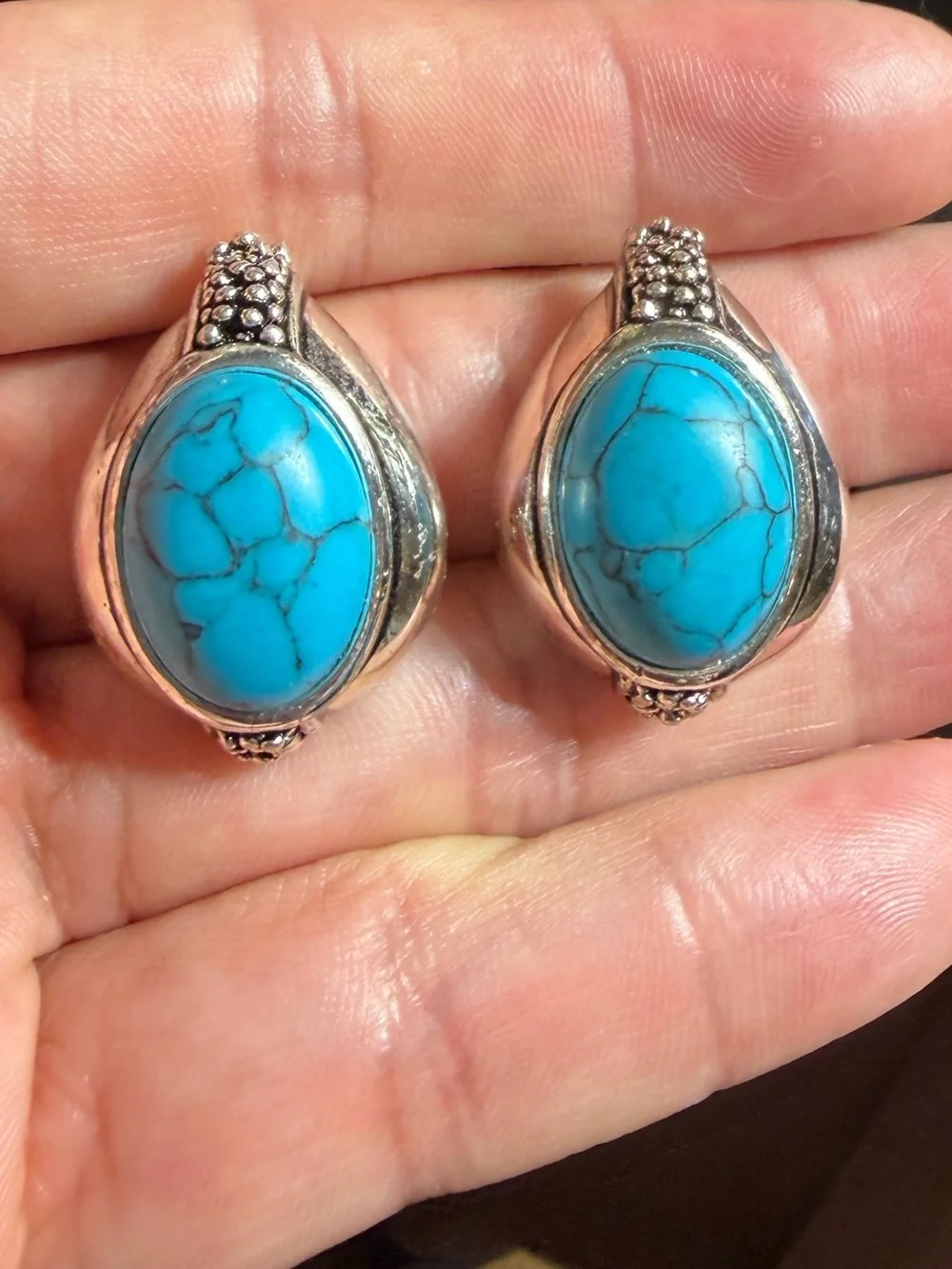 Vintage Premier Designs Turquoise-Style Oval Stone Silver-Tone Clip Earrings